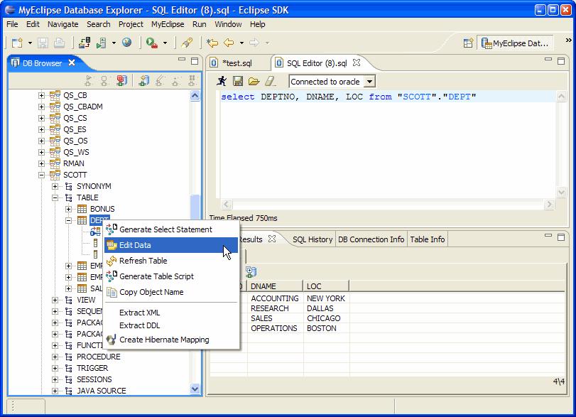 Figure 23. Launching Table Data Editor on echo_message table 2. In the Table Data Editor (see Figure 24), select the cell you wish edit 3.