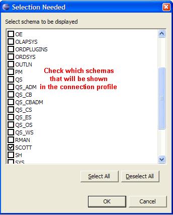 Figure 33. Selecting schemas to manage Figure 34 shows that the"selected schema list" has been updated with the newly selected schemas. 8. Select Finish to complete the filter specification.