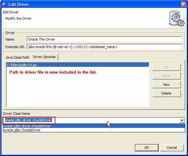 In the Driver Class Name field select or enter oracle.jdbc.driver.oracledriver Figure 6. List JDBC driver classes found in selected JAR 7.
