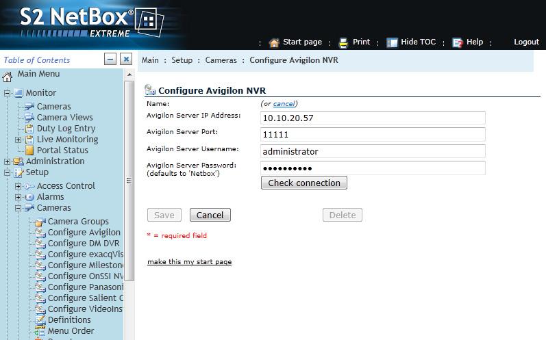 Configuring Avigilon Control Center in the S2 NetBox Your S2 NetBox web client should display Setup > Cameras > Configure Avigilon NVR in the Table of Contents.