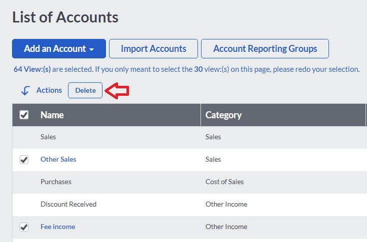 3. Click Delete to remove the existing accounts There are approximately 20 system accounts in Sage One that cannot be deleted.