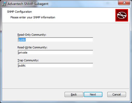 3.1.4 SNMP Configuration You can enter the Read-Only, Read-Write, and Trap Community which will be applied to the SNMP service.