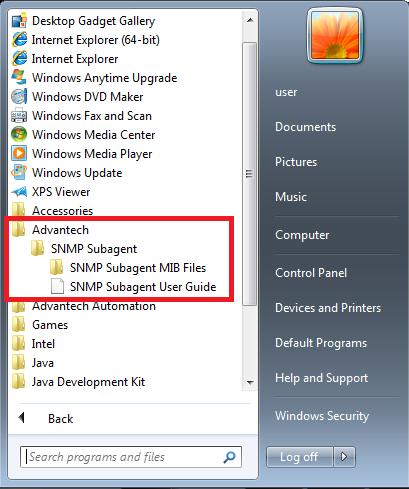 3.1.8 Get MIB files After the installation finished, you can find the MIB Files from Start menu > All Programs > Advantech > SNMP Subagent > SNMP Subagent MIB