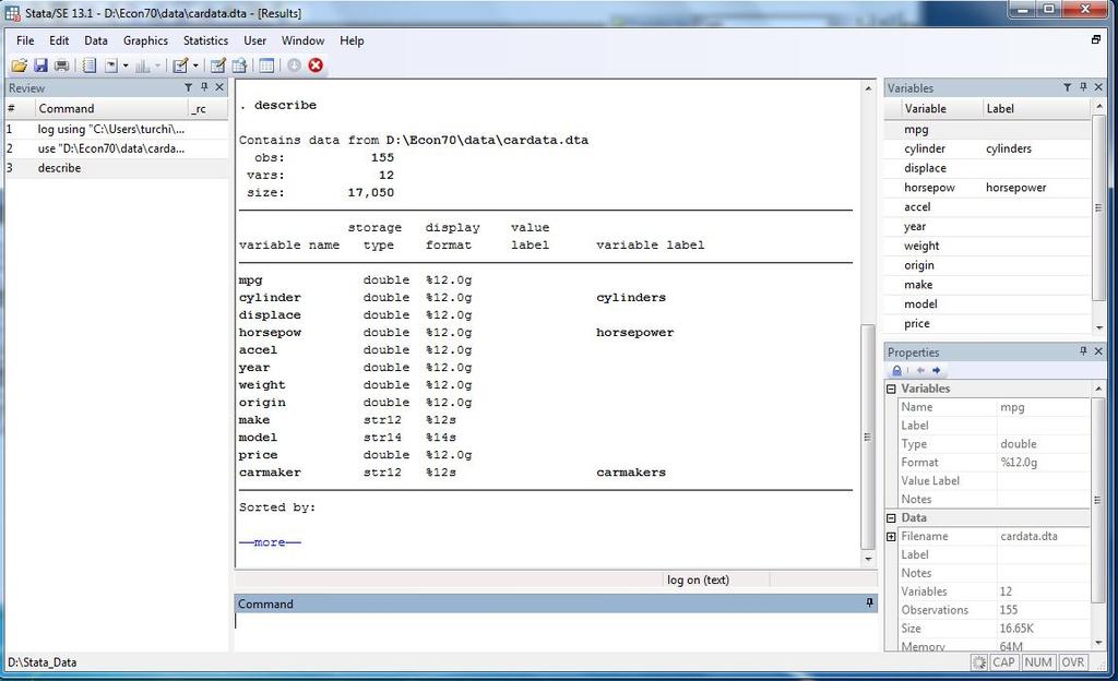 In the Stata Results Window you ll see a description of the data set including number of observations, number of variables, size of the file, followed by a listing of the variables in the data set.