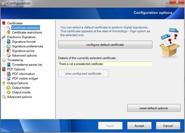 5.1.1 Certificate selection In this section you can set the default certificate used by Xolido Sign.