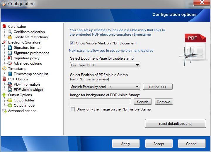 Fig. 31. PDF visible signature widget configuration. First option allows user to configure Signature visual widget within PDF files.