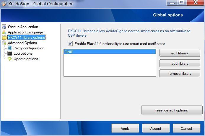 Fig. 4. Pkcs11 options Configuration menu. - Proxy Configuration Xolido Sign includes the functionality to configure network connections through proxy server.