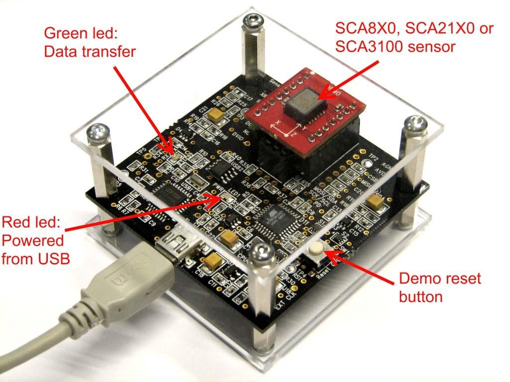 3 Hardware The SCA8X0-21X0-31X0 DEMO KIT USB interface board (black PCB) and SCA8X0-21X0-31X0 PWB (red PWB) are shown in figure 1.