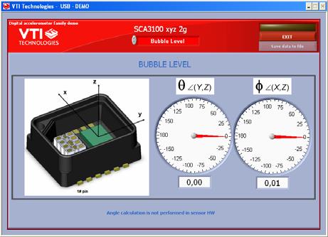 BUBBLE LEVEL, two displays that show tilt angle, see Figure 6. Angle calculation is performed in GUI, not in the accelerometer. Display available only with SCA31x0 products. Figure 6. Bubble level display.