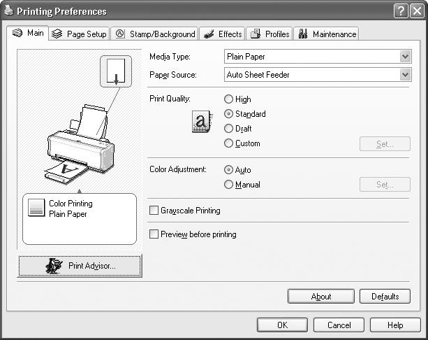 Basic Printing 3 Specify the required settings. (1) Click Media Type to select the type of media loaded in the printer. (2) Click OK.
