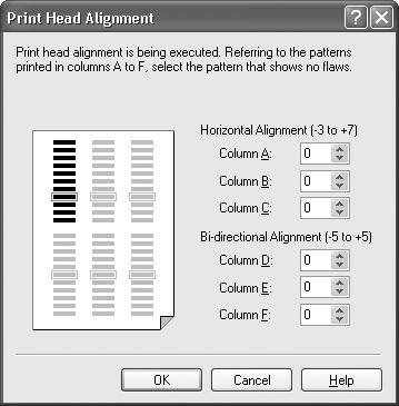 Printing Maintenance 4 Align the Print Head. (1) Look at the print out. Select the patterns that have the fewest white stripes and enter the numbers that correspond to the selected patterns.