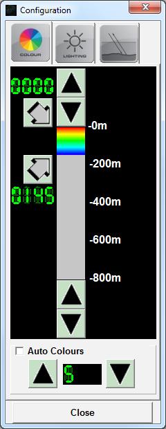 The Colour tab window shown allows you to set the depth limits over which the colour range will apply when viewing seafloor data. There are two angled arrow buttons.