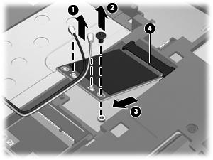 3. Remove the WWAN module by pulling the module away from the slot at an angle (3). NOTE: WWAN modules are designed with a notch (4) to prevent incorrect insertion into the memory module slot.