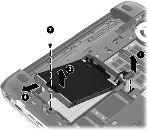 4. Slide the hard drive (4) up and to left at an angle and out of the hard drive bay. 5.