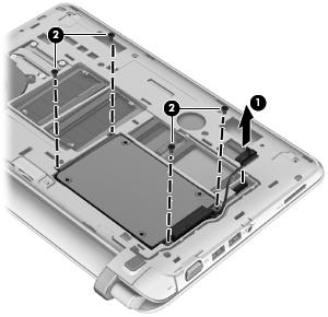 6. Disconnect the hard drive connector from the system board (1), and then remove the four screws (2)
