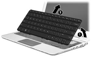 5. Use a flat-bladed screwdriver to pry the rear edge of the keyboard (1) loose from the three retaining tabs. 6.