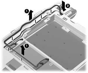 Release the wireless antenna cables (1) from the clips and routing channels built into the base enclosure. b. Slide the antenna cables through the hole near the display assembly (2).