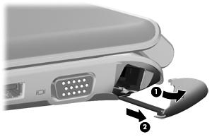 Slide the RJ-45 cover to the right (grasping the cover at the indentation on the left side) (1) in order to