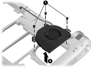 Remove the 3 screws (1) that secure the fan to the base enclosure. 3. Lift up and remove the fan (2).