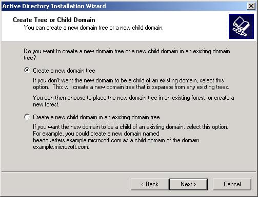 2947c01.fm Page 24 Tuesday, April 29, 2003 3:42 PM 24 Chapter 1 Getting Started with Windows 2000 Server 4. The Create Tree or Child Domain dialog box appears, as shown in Figure 1.2. To create a new domain tree, select the Create a New Domain Tree option and click the Next button.