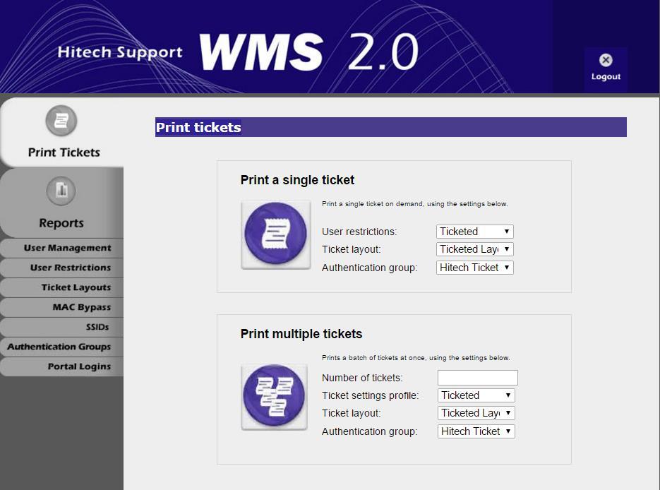 2.2 WMS Portal Overview 1. 2. 3. 4. 5. 6. 7. 8. 9. 1. Print tickets Used for Ticketed hotspots. Generate and print tickets for ticketed hotspots. 2. Reports Generate historical hotspot reports.