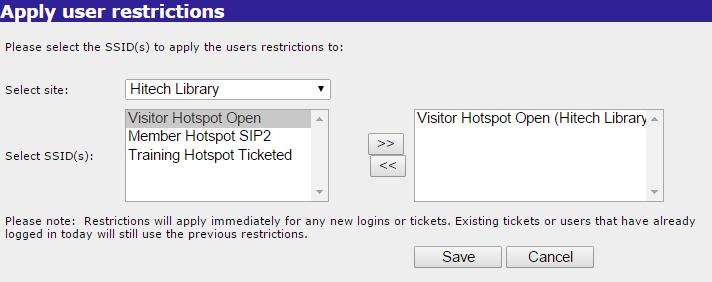 3.1.3 Overview of the Apply To Window 1. 3. 2. 4. 5. 6. 1. Select site Select a Site. Selecting a site will then list the available SSIDs. 2. Select SSID Select the SSID(s) where you want to apply the User Restriction Profile.