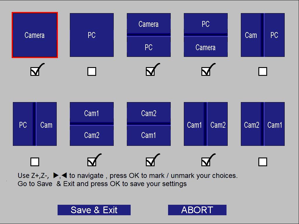 Settings, split camera / PC When a PC is connected to the camera system there is a choice in the menu to choose what positions that should be visible when pressing the MODE button.