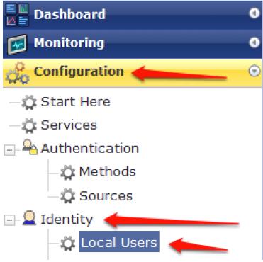 Navigate to the ClearPass Policy Manager UI, and navigate to Configuration > Identity > Local Users.