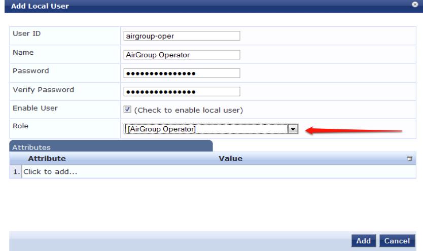 Click Add to save the user with an AirGroup Operator role.