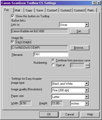 Tab Settings Clicking the [Settings] button opens the Canon ScanGear Toolbox CS Settings window, which features a tab for each button.