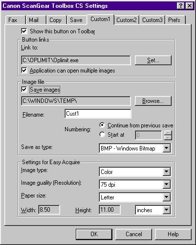 Custom (1, 2, 3) Settings Tab Show this button on Toolbar Place a check in this box to display the button for this function on the ScanGear Toolbox CS toolbar.