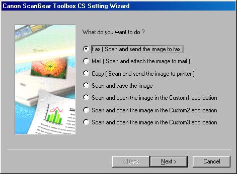 Scanning with the Setting Wizard After you press the start button (located on the front of the scanner or on top of the document cover), the Setting Wizard selection window opens with the initial