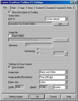 Tab Settings Clicking the [Settings] button opens the Canon ScanGear Toolbox CS/FAU Settings window, which features a tab for each button.
