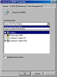 4. Confirm that [Canon Scanner Push Button] is set in [Scanner events], then check [ScanGear Toolbox CS] as the unique launching software from the [Send to this application] list box. Click [Apply].