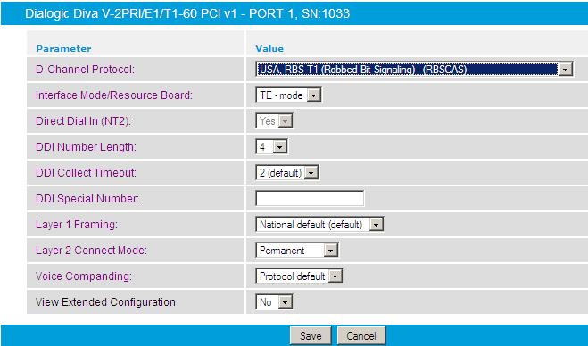 Configure the first board by configuring the following parameters: D-Channel Protocol: Select a protocol with T1 Robbed Bit Signaling (RBS). DDI Number Length: Select 4.