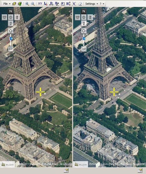 Above both views of Eiffel tower from 2008 and 2009 The option to change the date of the BlomURBEX images allows to see side by side the same part of a city in different years.