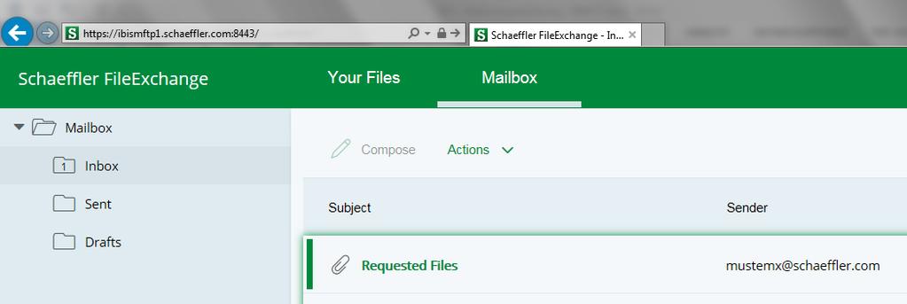 If you log on via the login URL on the Schaeffler FileExchange system, you will see after the selection of the tab Mailbox in the navigation bar and click on the directory Inbox an overview of all