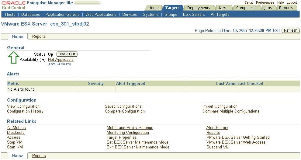 Figure 3 VMware ESX Server Home Page 2. Verify that no metric collection errors are reported in the Metrics table. 3. Ensure that reports can be seen by selecting the Reports property page. 4.