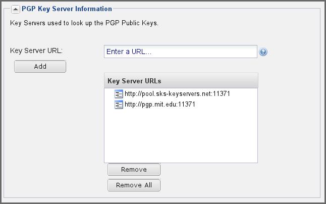 To remove a key server, click on the URL you wish to remove from the list and click on the Remove button.