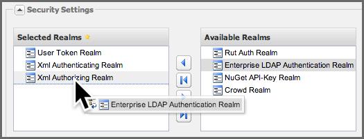 Repository Management with Nexus 175 / 420 have the Server configuration panel loaded, select Enterprise LDAP Authentication Realm (or OSS LDAP Authenication Realm) in the Available Realms list under