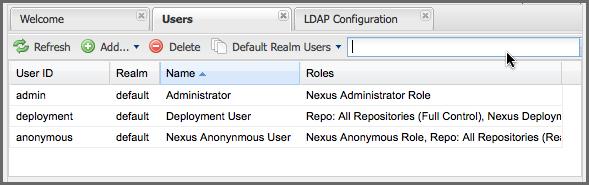 Repository Management with Nexus 187 / 420 Figure 8.9: All Default Realm Users If you wanted to see a list of all LDAP users, select LDAP from the All Configured Users drop-down shown in Figure 8.