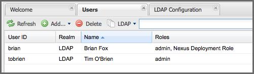 Note Note that the user tobrien does not show up in the All Configured Users list. This is by design. Nexus is only going to show you information about users with external role mappings.