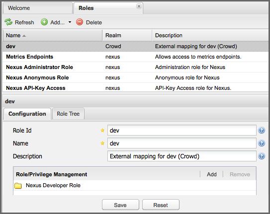 Repository Management with Nexus 208 / 420 Figure 9.10: Mapped External Crowd dev Group to Nexus Developers Role 9.4.2 Mapping a Crowd User to Nexus Role To illustrate this feature, consider the Crowd server user with an id of brian.