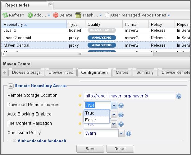 Repository Management with Nexus 218 / 420 Figure 10.3: Enabling Remote Index Downloads for a Proxy Repository Click on the Save button in the dialog shown in Figure 10.3. Right-click on the repository row in the Repositories list and select Update Index.