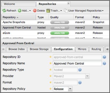 Repository Management with Nexus 220 / 420 Figure 10.5: Adding the "Approved From Central" Hosted Repository Selecting Hosted Repository will then load the configuration form.