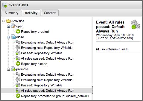 Repository Management with Nexus 266 / 420 promoted repository is displayed in Figure 11.13. The activities are separated per activity and list all events that occurred in an acivity.