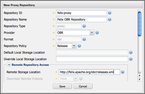 Repository Management with Nexus 307 / 420 14.2 Proxy OSGi Bundle Repositories Nexus can proxy an OSGi Bundle Repository using the OBR repository XML as the remote storage location.