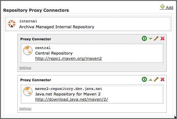 Repository Management with Nexus 359 / 420 Figure 21.6: Archiva Proxy Connectors Click on the edit icon (or pencil) next to second Proxy Connector listed in Figure 21.