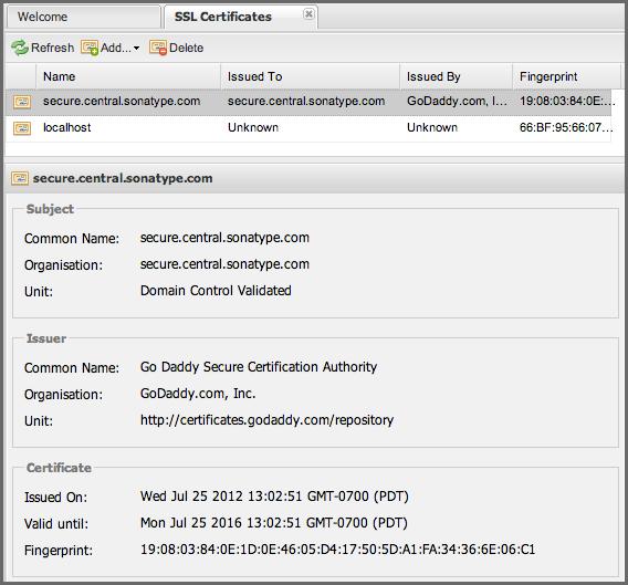 Repository Management with Nexus 367 / 420 Figure 22.1: SSL Certificates Administration The actual list of SSL certificates can be reloaded by clicking the Refresh button above the list.