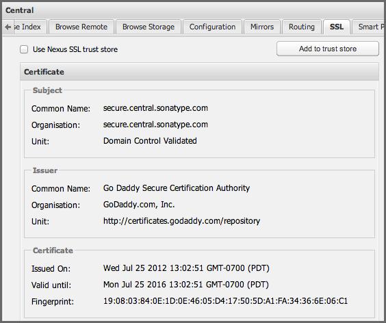 Repository Management with Nexus 370 / 420 Figure 22.4: SSL Tab for a Proxy Repository with Remote Server Using HTTPS When removing a certificate from the trust store, a Nexus restart is required. 22.2.3 Manually Configuring Trust Stores The Nexus user interface should be sufficient to work with the trust stores and certificates.